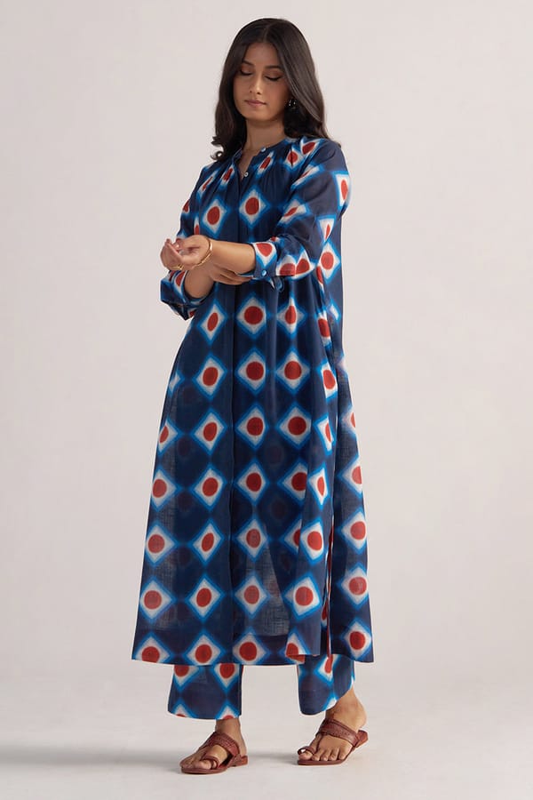 Deep Blue Geometric Printed Cotton Linen Co-ord Set — Ganga Fashions Pvt Ltd