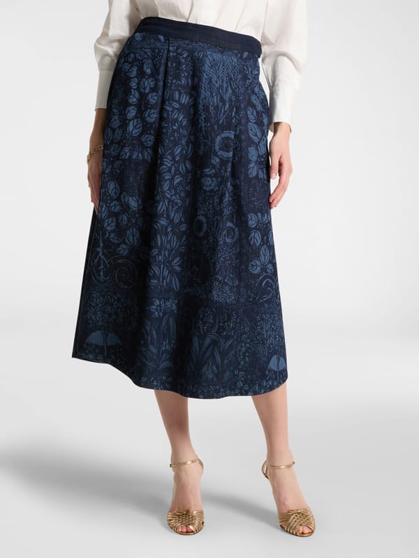 Blue Floral Laser-Cut Denim A-Line Midi Skirt — ELENA MIRO