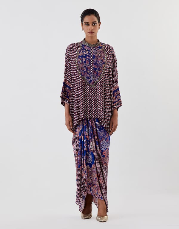Blue Printed Top with Cowl Skirt — Kavita Bhartia
