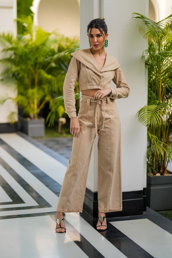 Beige Denim Crop Top and Wide-Leg Pants Co-ord Set — KAY KAY