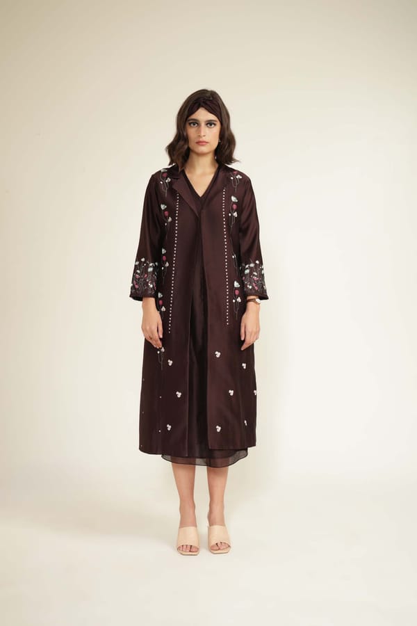 Grape V-Neck Sleeveless Midi Dress Set with Embroidered Jacket — Arcvsh Pallavi Singh