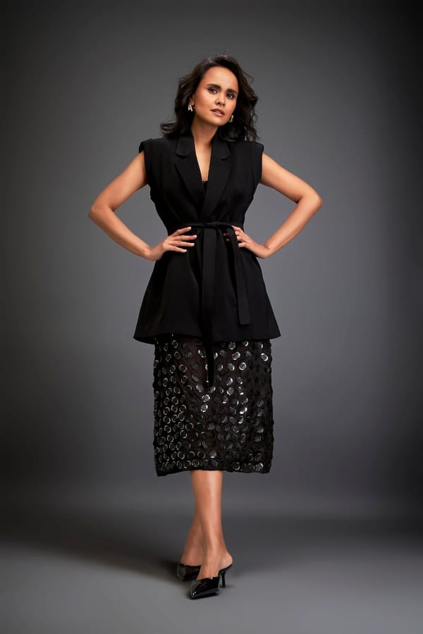 Sleeveless Blazer with Belted Waist & Metallic Skirt — Deepika Arora