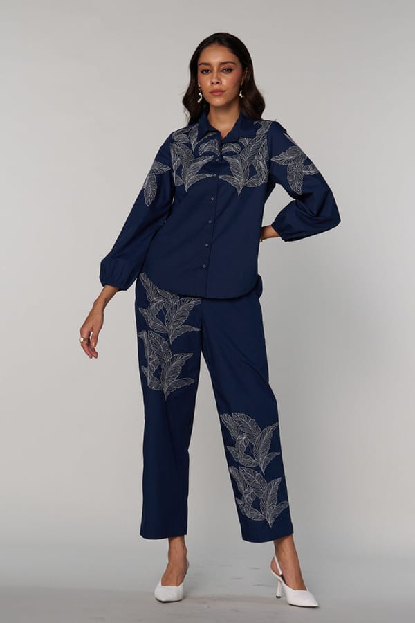 Blue Straight-Leg Embroidered Cotton Trousers — Style Island