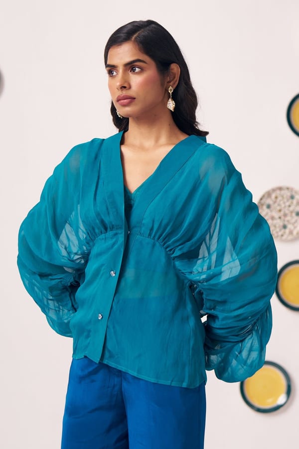 Teal Sheer Organza Overlay Top with Shimmer Inner — Western Era