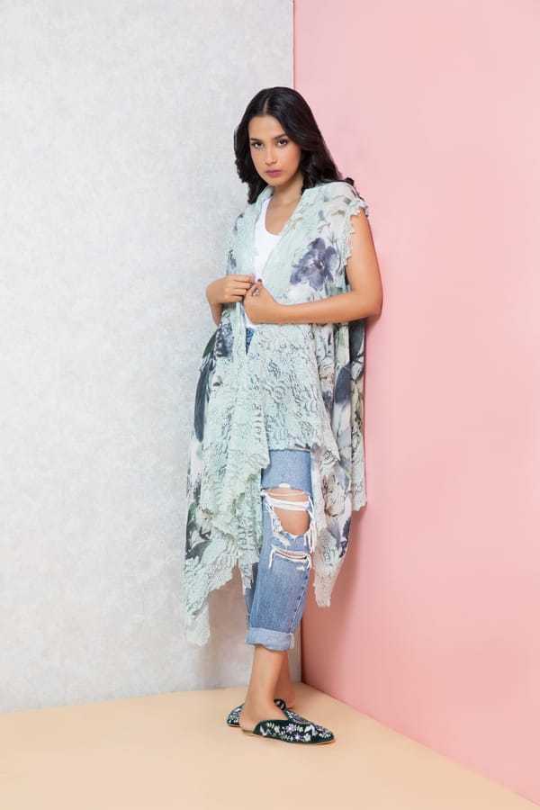 Blue Watercolour Floral Sleeveless Cape with Lace Trim — Rhe-Ana