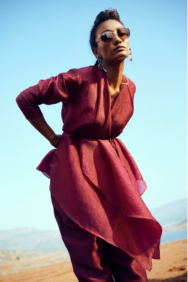 Deep Wine Organza Wrap Peplum Co-ord Set with Pants — Unrush
