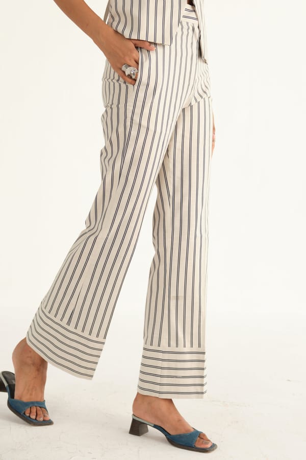 Beige and Blue Striped Linen Straight-Leg Trousers — Shop Staple