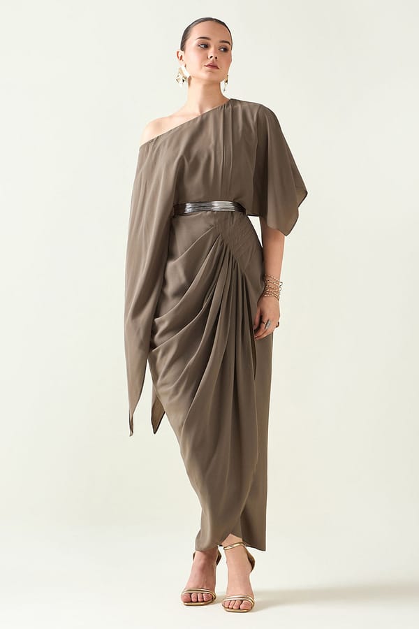 Olive Drape Dress With Belt — Aakaar