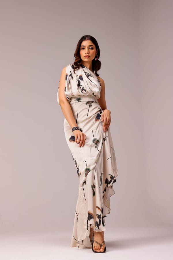 Ivory One-Shoulder Draped Floral Maxi Dress — STUDIO SURBHI