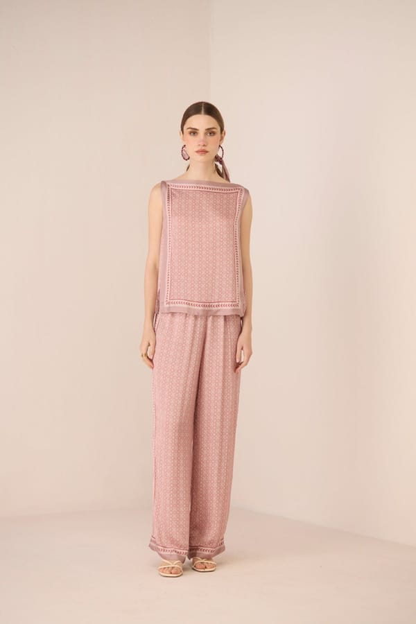 Lattice Blush Printed Wide-Leg Modal Trousers — Calling June