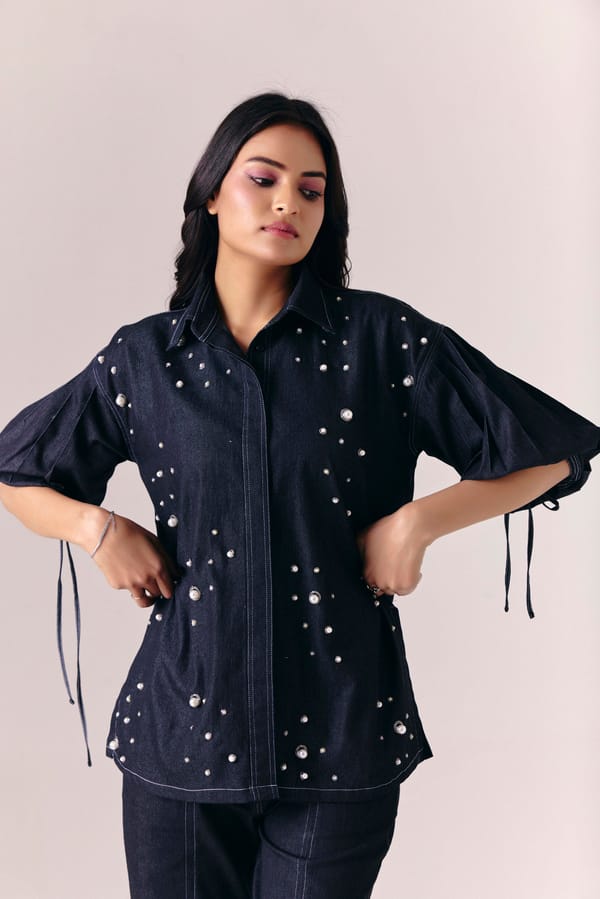 Black Denim Pearl-Embellished Shirt — Savaaya