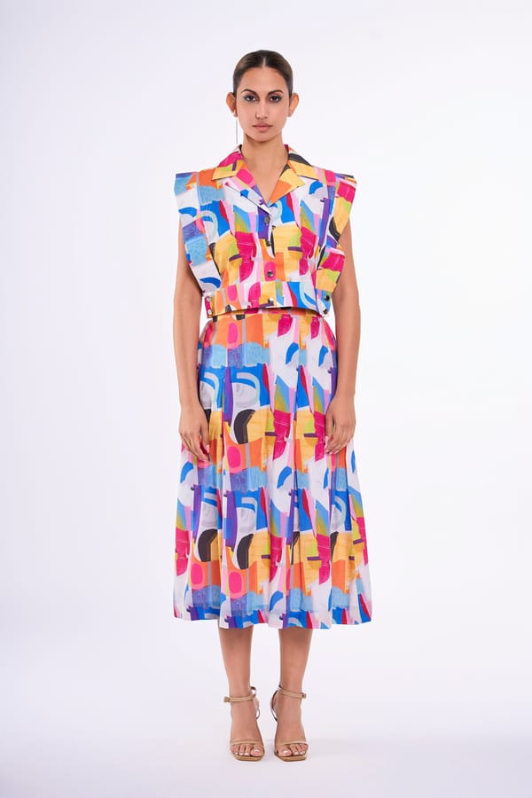 Multicolour Abstract Printed Top and Midi Skirt Co-ord Set — KOR
