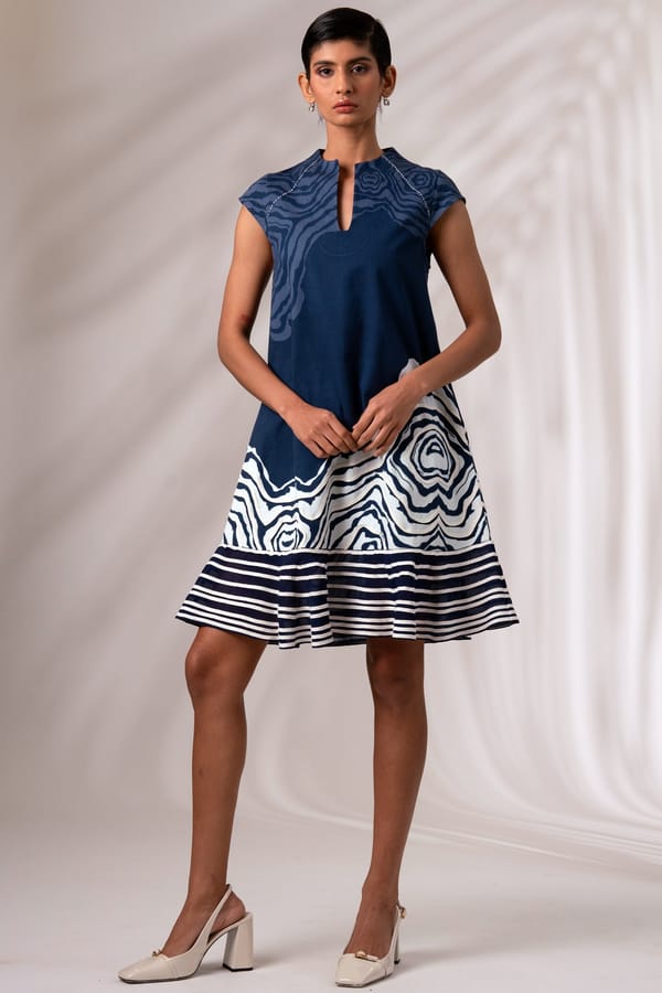 Indigo Abstract Printed Knee-Length A-Line Dress — Madder Much
