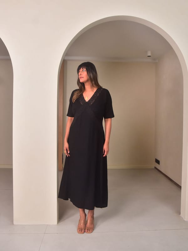 Black Rayon Midi Dress with Crochet Lace Panels — Why So Blue