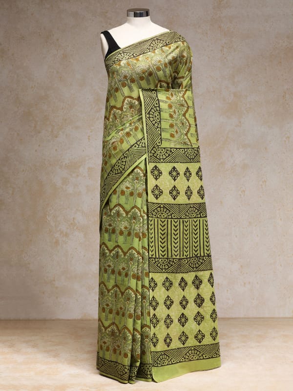 Sage Green Handblock Printed Ajrakh Mulmul Saree — BINKS