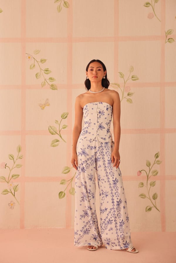 White/Blue Floral Bandeau Crepe Top — Sage by Mala