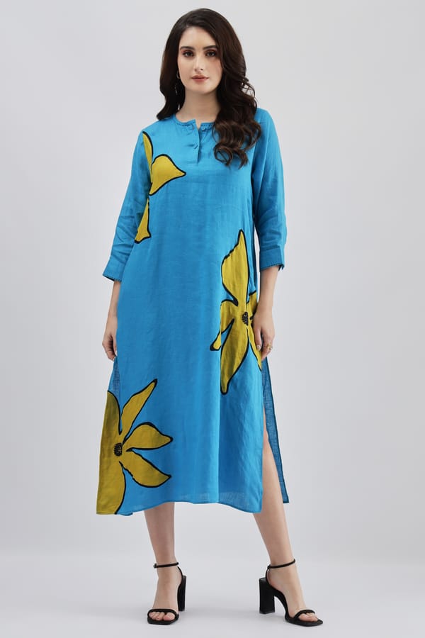 Turquoise Linen Straight Midi Dress with Floral Applique — Linen Bloom