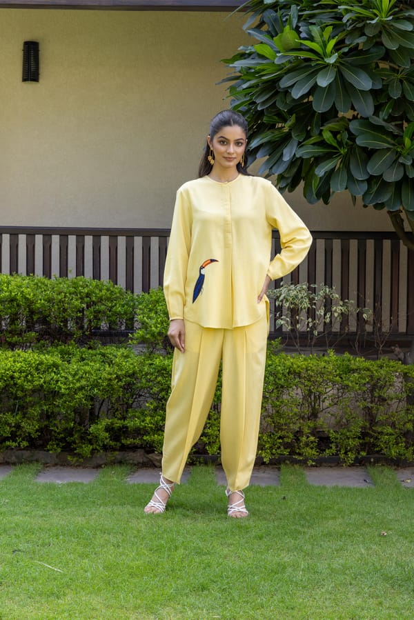 Yellow Linen-Blend Co-ord Set with Bird Motif — Eko Clothing