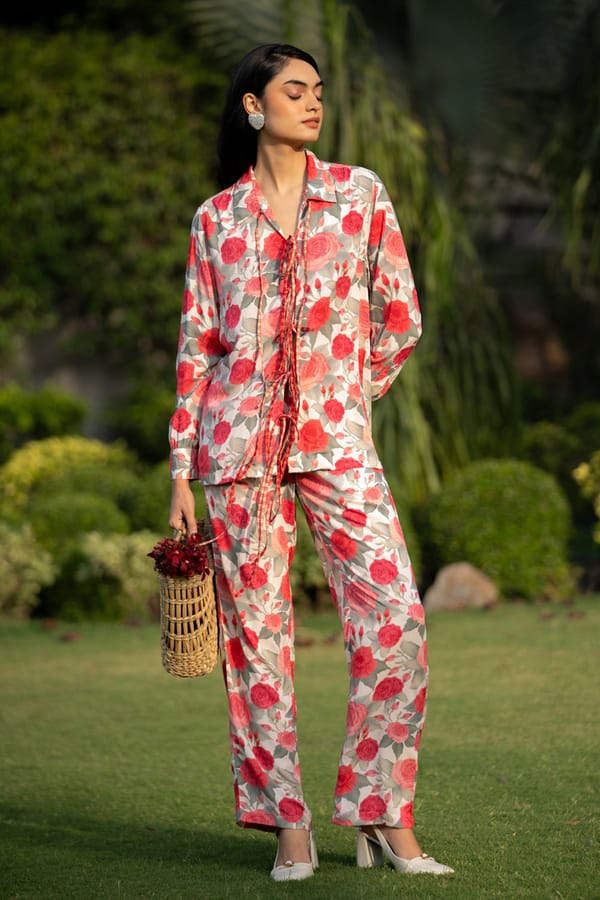 Rose Print Tie-Up Shirt and Pants Co-ord Set — AVERIE