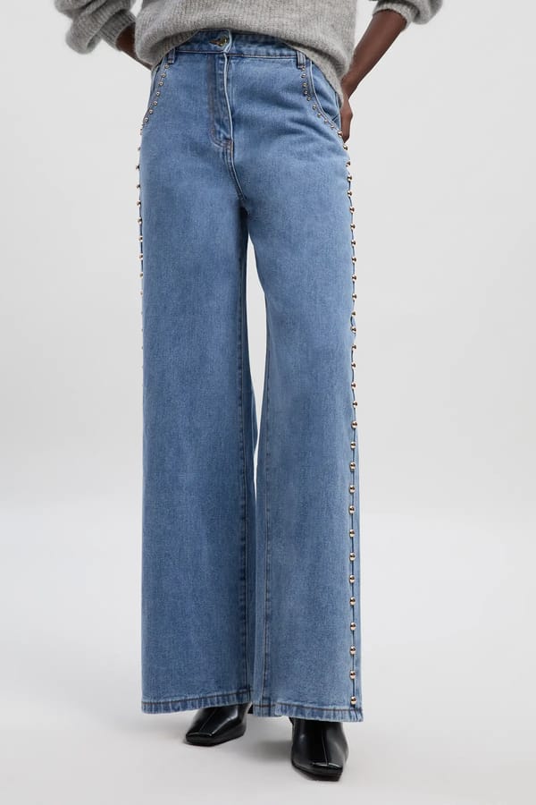 Light Blue Studded High-Rise Wide-Leg Jeans — KAREN MILLEN