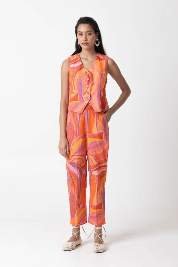 Orange Abstract Printed Waistcoat and Trouser Co-ord Set — MOMENT BOMBAY