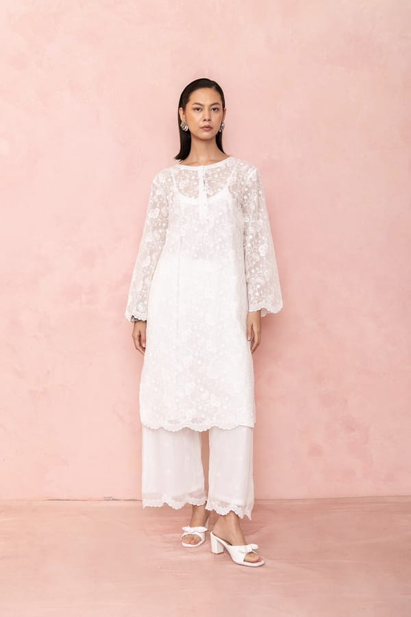 White Organza Tonal Embroidered Kurta Set — LABEL NAARITI