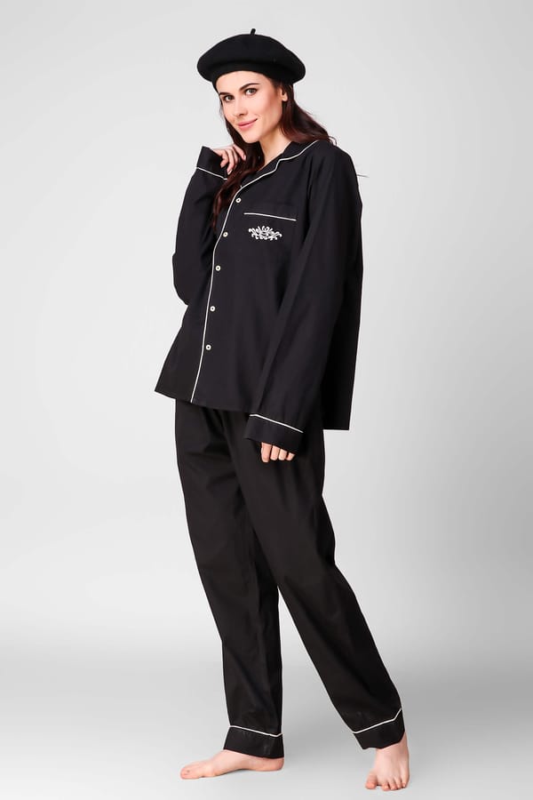 Black Cotton Poplin Pyjama Suit Set with Contrast Piping — After Dark