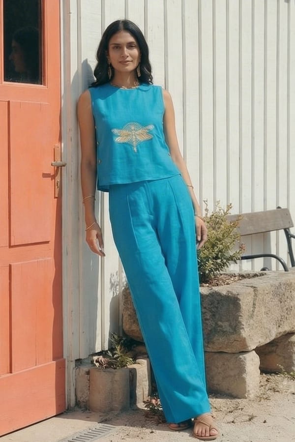 Blue Dragonfly Embroidered Sleeveless Co-ord Set — Western Era