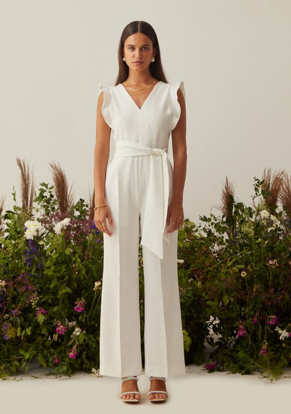 White Crepe V-Neck Wide-Leg Jumpsuit with Belt — AMOSHI