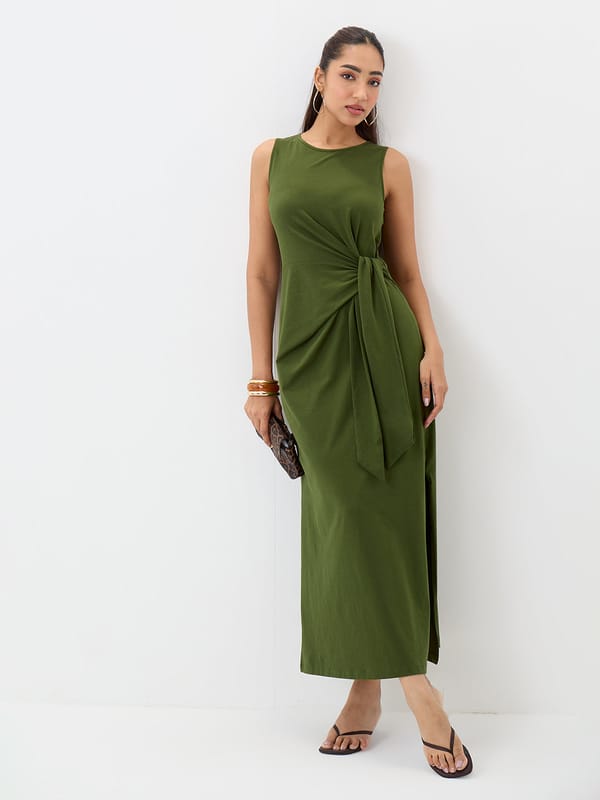 Olive Side Tie-Up Maxi Dress — Femmella