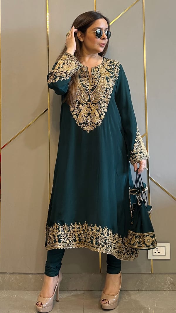 Bottle Green Baroque Crepe Phiran Kurta with Churidar — Kylee Fashions