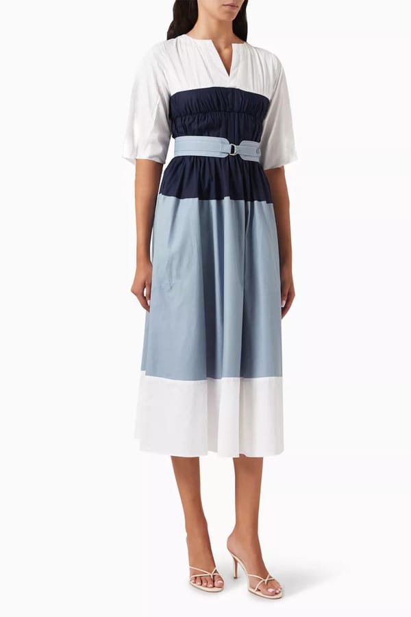 Blue and White Colorblocked Belted Midi Dress — NOTEBOOK