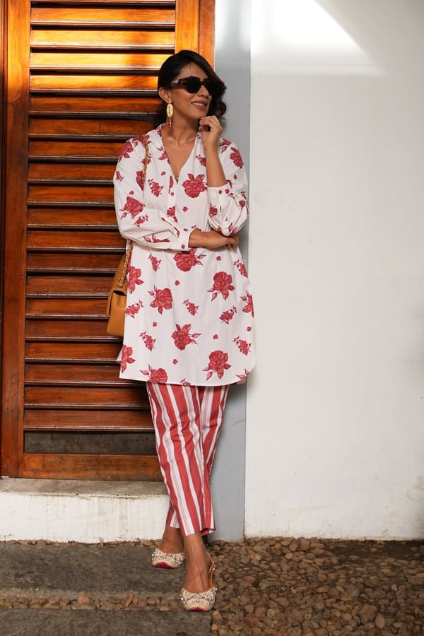 Vintage Rose: Red Rose Print Tunic Co-Ord Set — SHIVANI BHARGAVA
