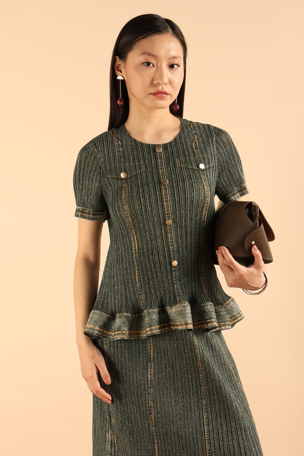 Green Peplum Top and Midi Skirt Co-ord Set — Pleats by Aruni