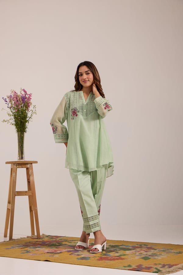 Sea Green Mul Chanderi Lace Yoke Tunic Pant Co-ord Set — Omi Clothing
