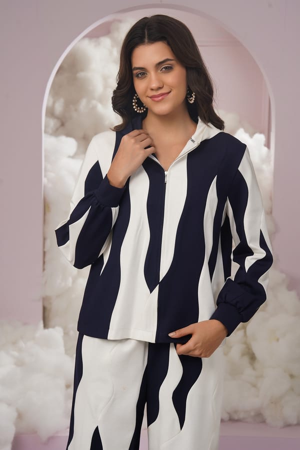 Blue and White Colorblocked Hooded Zip-Up Jacket — Chöjé