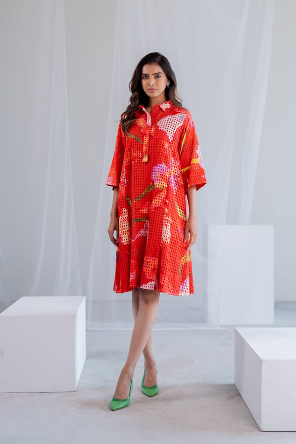 Red Orchid Print Cotton Schiffli Shirt Dress with Slip — Silai studio