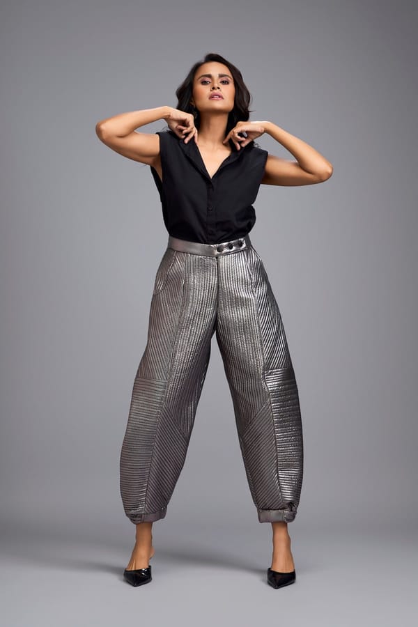 Gunmetal Metallic Quilted High-Rise Tapered Pants — Deepika Arora