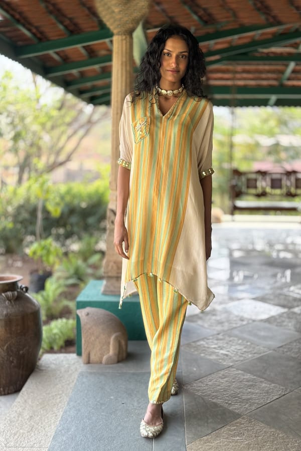 Beige Striped Tunic and Straight Pant Co-ord Set — Basil Leaf