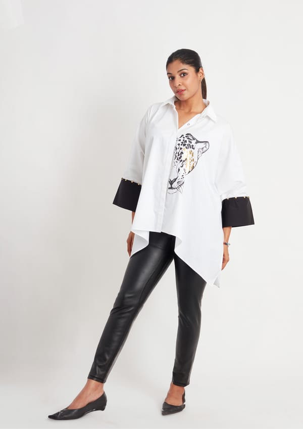 White Loose Fit Cotton Poncho Shirt with Foil Print — Richa Goenka