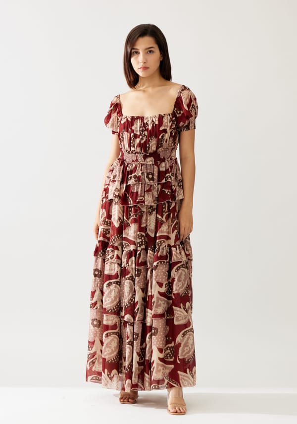 Red And Peach Floral Frill Dress — KoAi