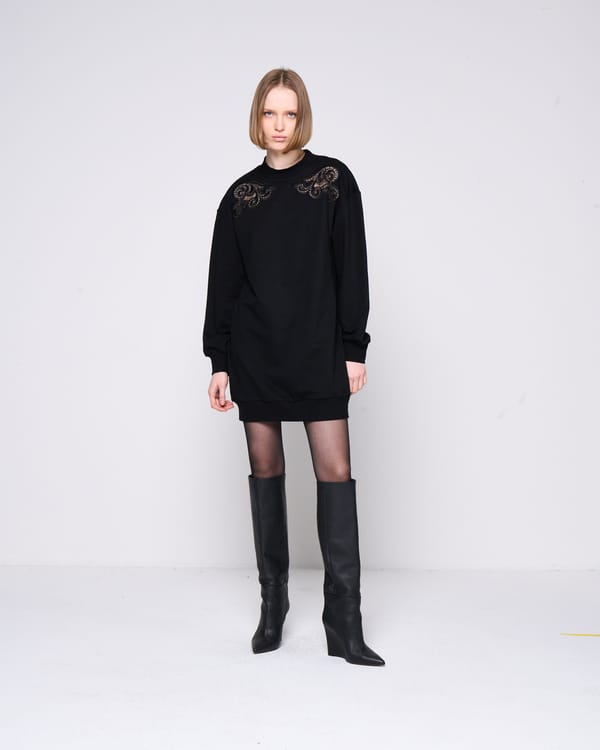 Black Longline Sweatshirt Dress with Shoulder Applique — SILVIAN HEACH