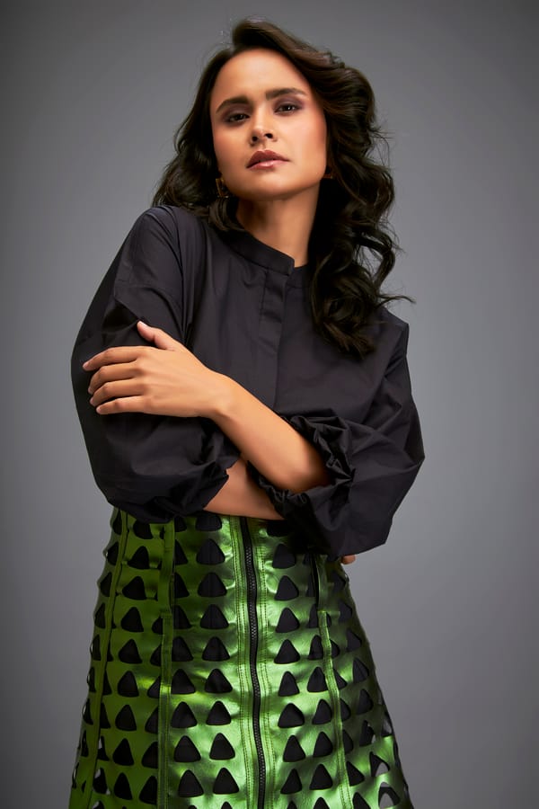 Black Shirt and Metallic Green Mini Skirt Co-ord Set — Deepika Arora