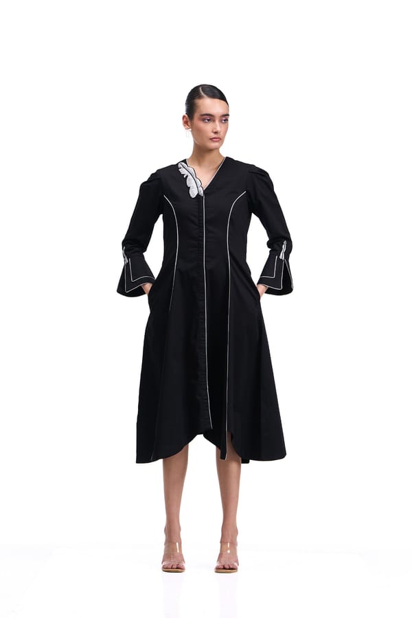 Black Cotton Poplin Fit and Flare Midi Dress — Our Love