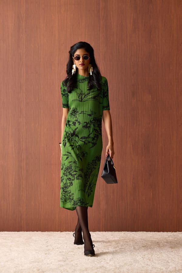 Green Printed Pleated High Neck Midi Shift Dress — Scarlet Sage