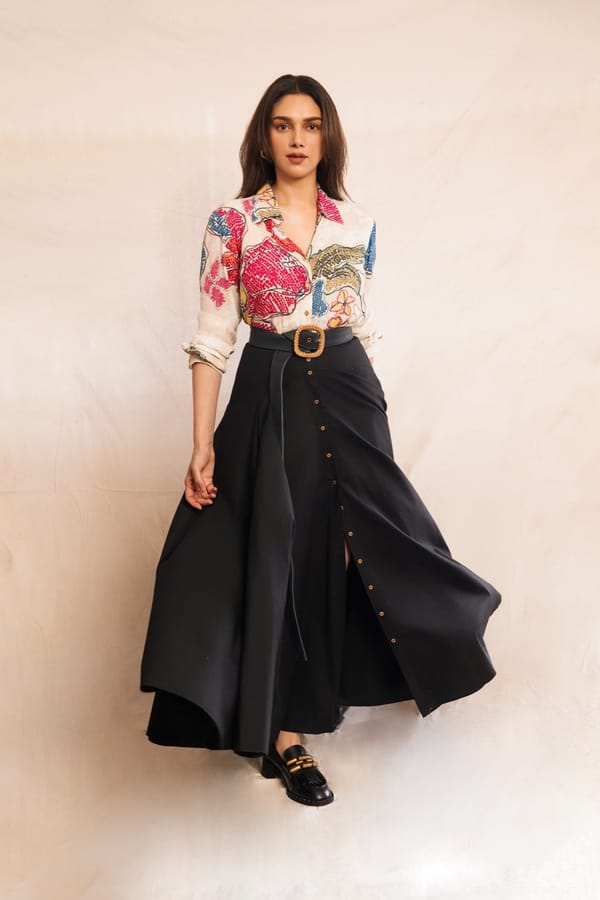 Black High-Waist Flared Maxi Skirt with Button Front — Saaksha and Kinni