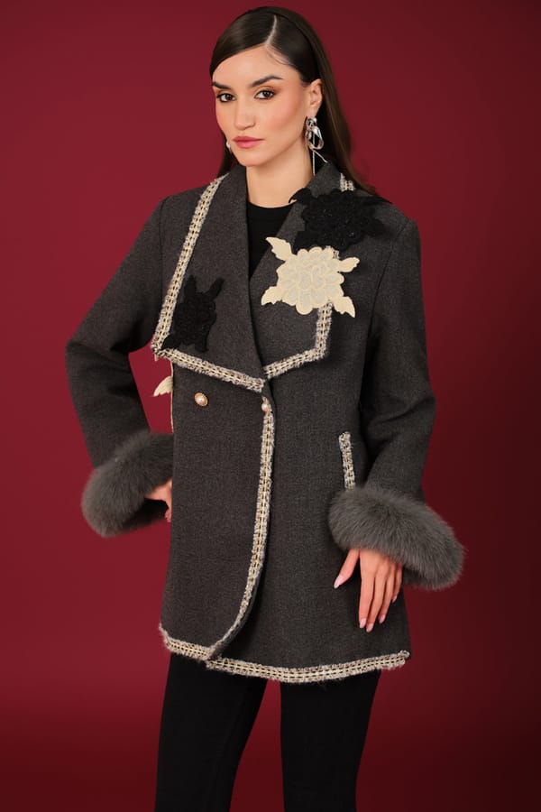 Grey Wool Floral Applique Tailored Coat — BOHO-CHIC