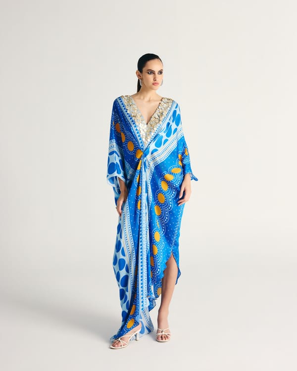 Blue Printed Cupro Satin Kaftan Dress with Embellished Neck — Kamaali Pret