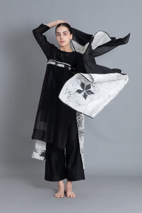 Black Textured Pleated  Dress Co-ord with Scraff — Khat