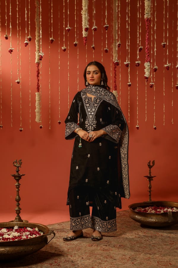 Black Velvet Straight Suit Set with Zari Embroidery — NARAYANI VASTRA